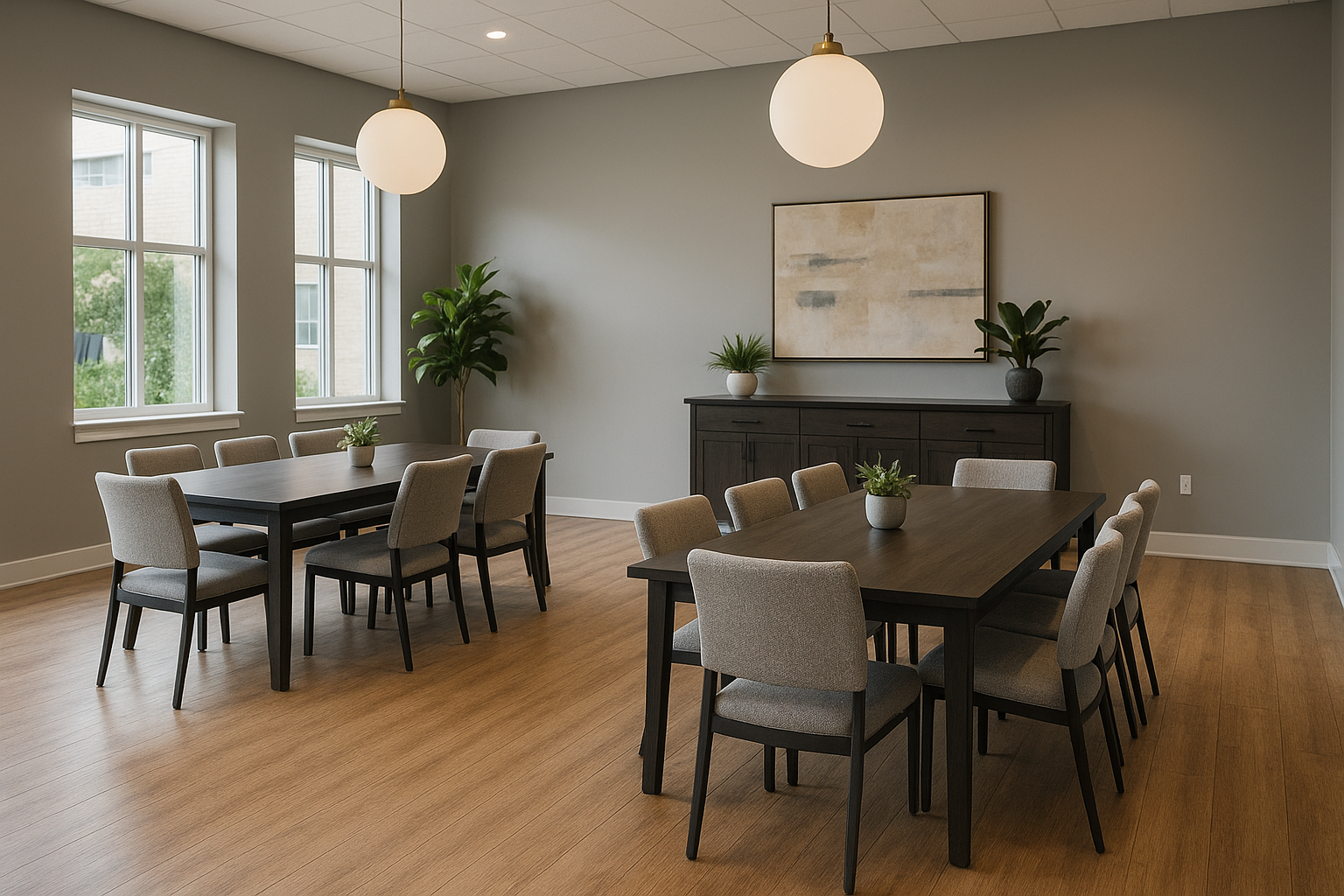 Dining hall with tables and chairs