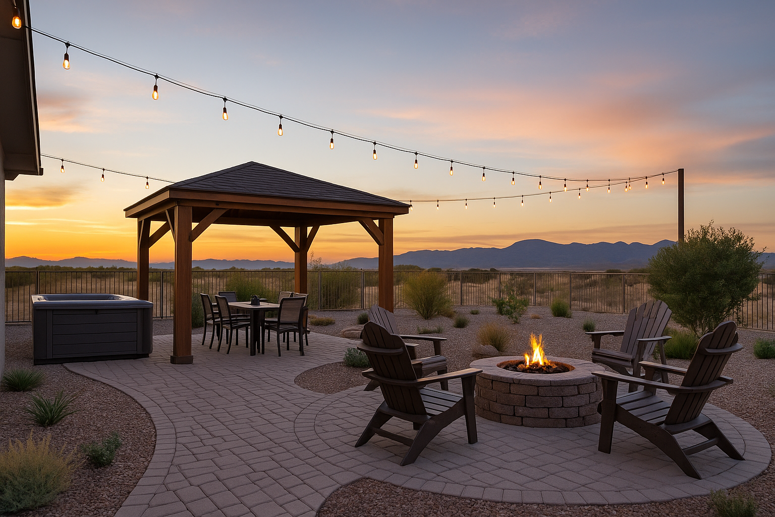 Gazebo with fire pit at golden hour